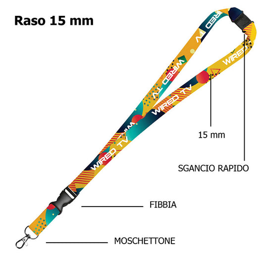 Lacci portabadge personalizzati in raso  con moschettone e sgancio rapido e fibbia CORDON 15 - 20 - 25